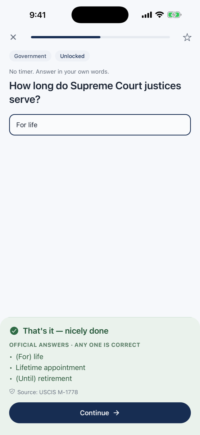 A question answered correctly, with the official answers listed